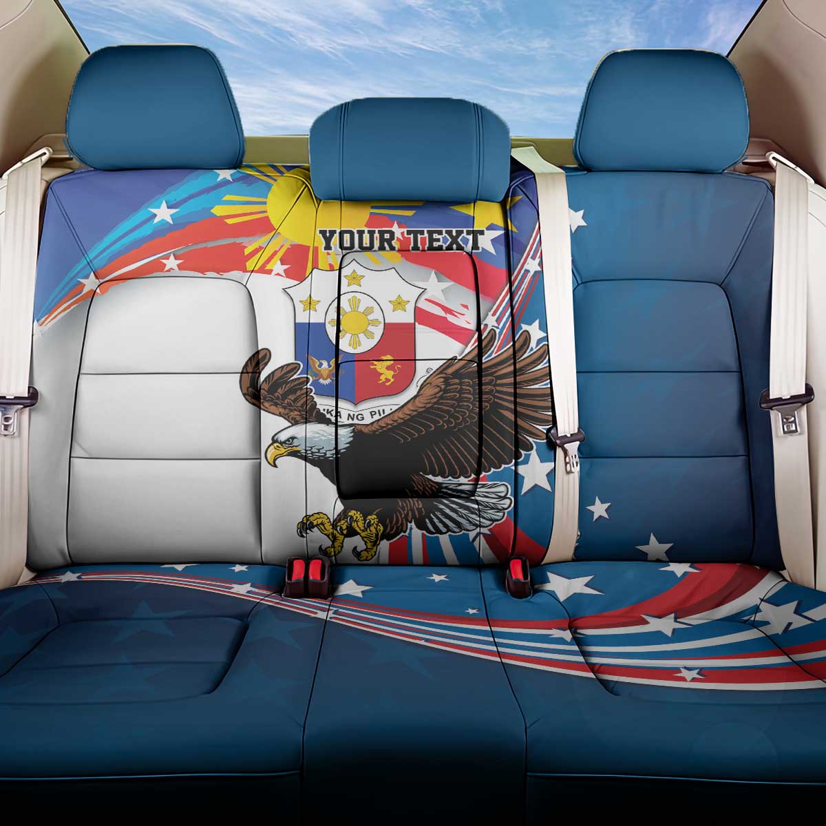 Personalized Filipino-American Back Car Seat Cover The Eight-Rayed Sun with Bald Eagle LT9 One Size Blue - Polynesian Pride