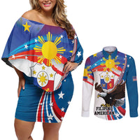 Personalized Filipino-American Couples Matching Off Shoulder Short Dress and Long Sleeve Button Shirt The Eight-Rayed Sun with Bald Eagle LT9 Blue - Polynesian Pride
