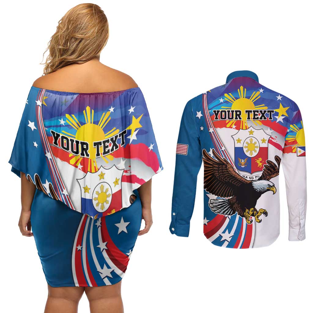 Personalized Filipino-American Couples Matching Off Shoulder Short Dress and Long Sleeve Button Shirt The Eight-Rayed Sun with Bald Eagle LT9 - Polynesian Pride