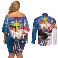 Personalized Filipino-American Couples Matching Off Shoulder Short Dress and Long Sleeve Button Shirt The Eight-Rayed Sun with Bald Eagle LT9 - Polynesian Pride