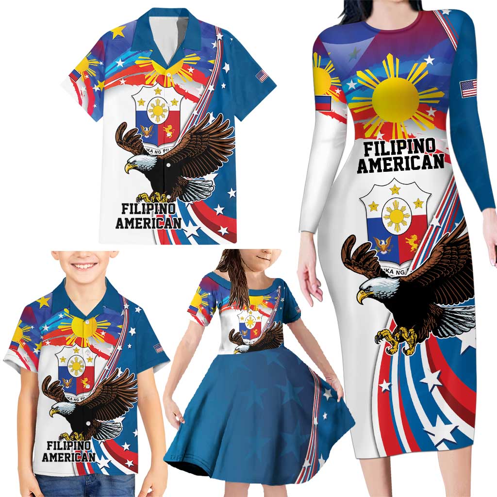 Personalized Filipino-American Family Matching Long Sleeve Bodycon Dress and Hawaiian Shirt The Eight-Rayed Sun with Bald Eagle LT9 - Polynesian Pride