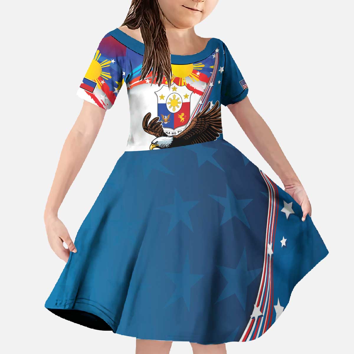 Personalized Filipino-American Family Matching Off The Shoulder Long Sleeve Dress and Hawaiian Shirt The Eight-Rayed Sun with Bald Eagle LT9 Daughter's Dress Blue - Polynesian Pride