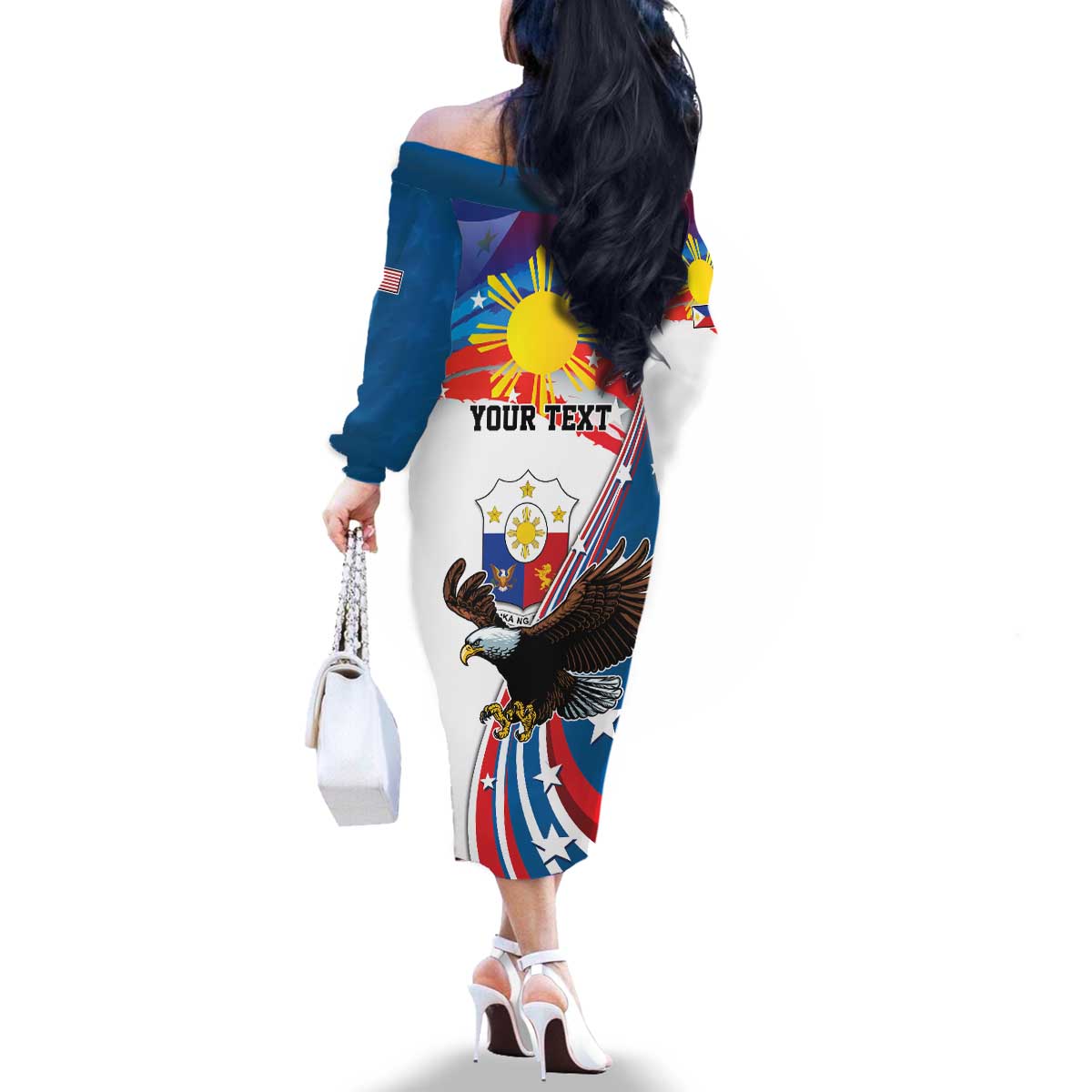 Personalized Filipino-American Family Matching Off The Shoulder Long Sleeve Dress and Hawaiian Shirt The Eight-Rayed Sun with Bald Eagle LT9 - Polynesian Pride