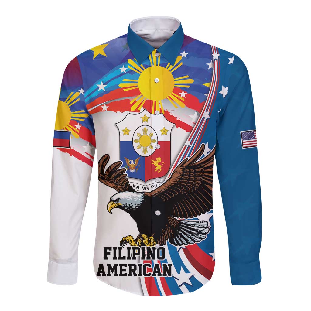 Personalized Filipino-American Long Sleeve Button Shirt The Eight-Rayed Sun with Bald Eagle LT9 Unisex Blue - Polynesian Pride