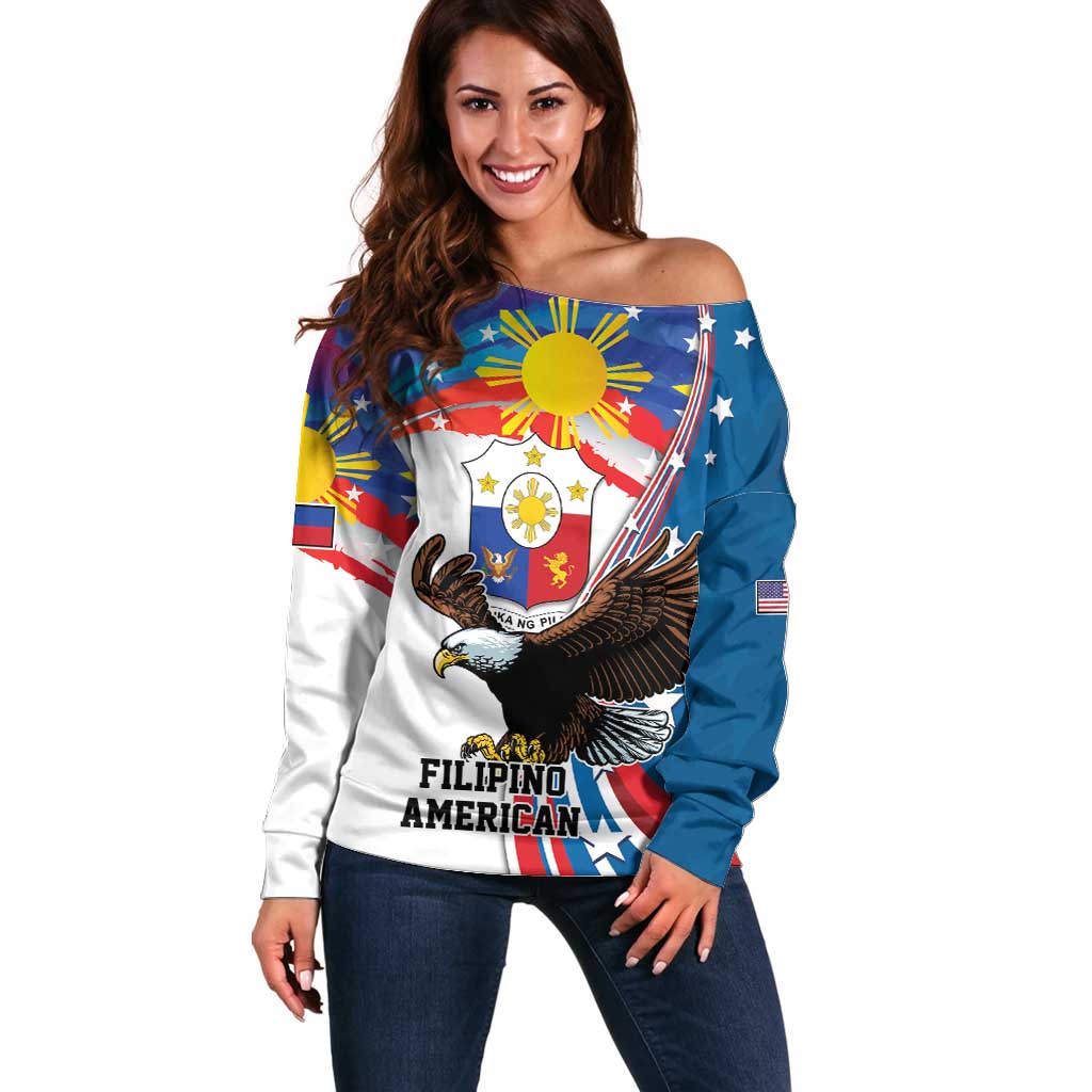 Personalized Filipino-American Off Shoulder Sweater The Eight-Rayed Sun with Bald Eagle LT9 Women Blue - Polynesian Pride
