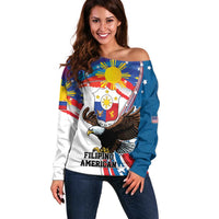Personalized Filipino-American Off Shoulder Sweater The Eight-Rayed Sun with Bald Eagle LT9 Women Blue - Polynesian Pride