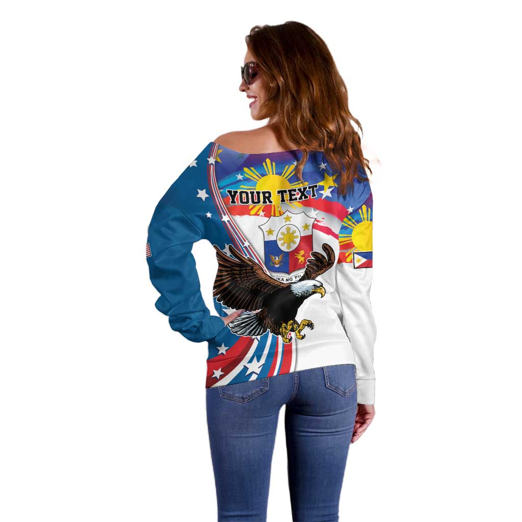 Personalized Filipino-American Off Shoulder Sweater The Eight-Rayed Sun with Bald Eagle LT9 - Polynesian Pride