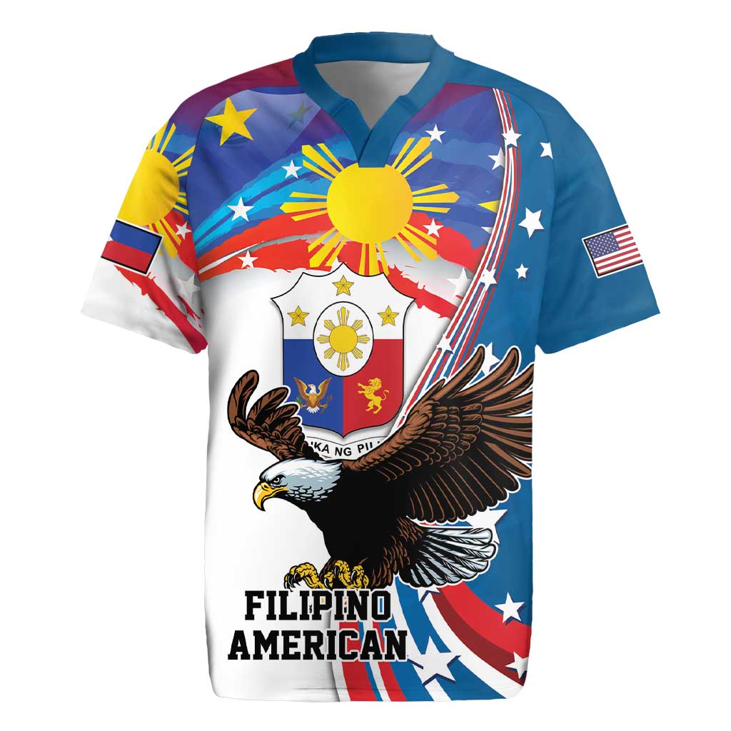 Personalized Filipino-American Rugby Jersey The Eight-Rayed Sun with Bald Eagle LT9 Blue - Polynesian Pride