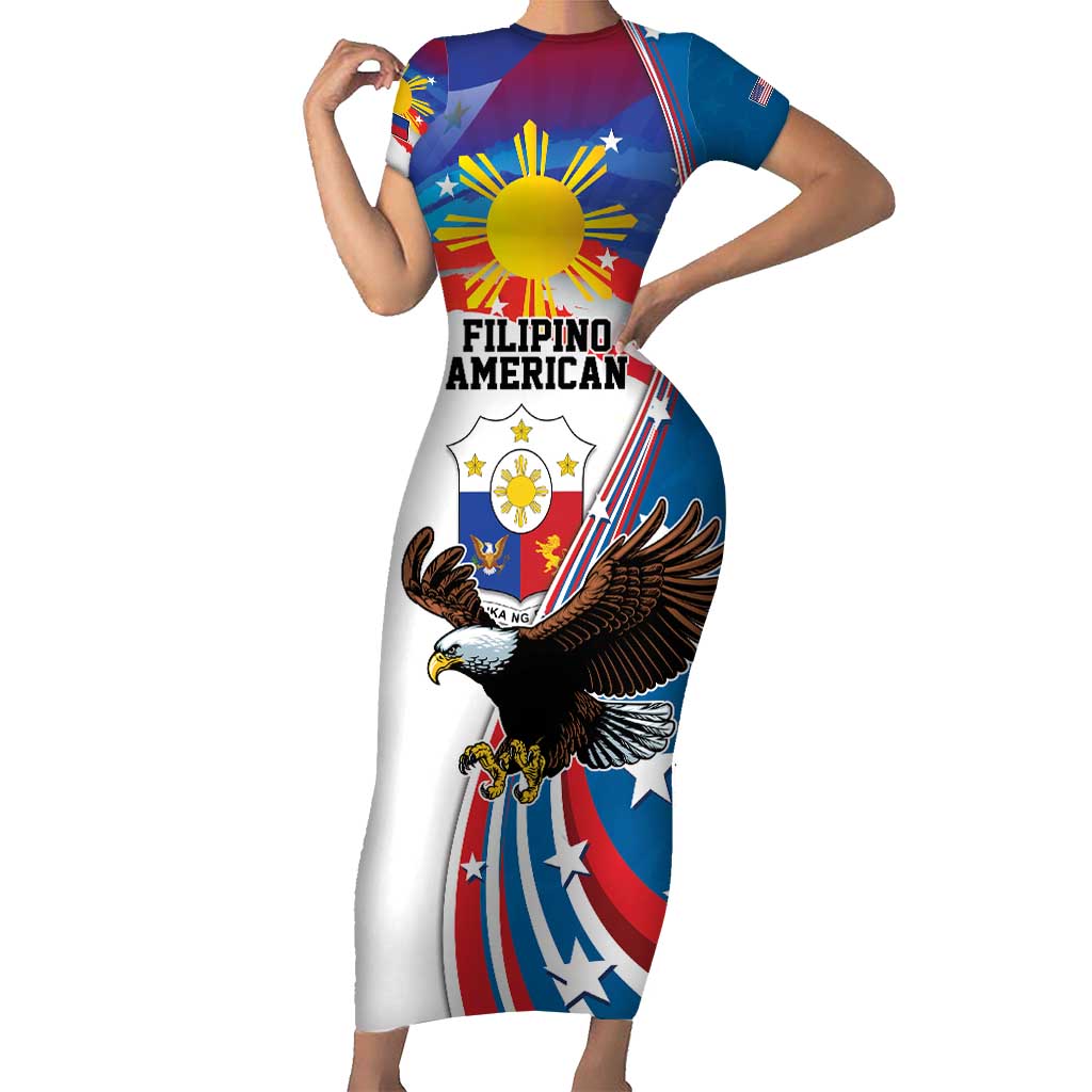 Personalized Filipino-American Short Sleeve Bodycon Dress The Eight-Rayed Sun with Bald Eagle LT9 Long Dress Blue - Polynesian Pride