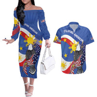Personalized Filipino-American Couples Matching Off The Shoulder Long Sleeve Dress and Hawaiian Shirt Philippines Coat Of Arms with Bald Eagle LT9 White - Polynesian Pride