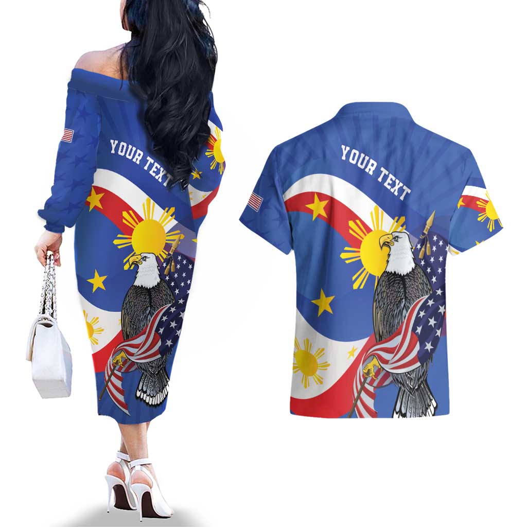 Personalized Filipino-American Couples Matching Off The Shoulder Long Sleeve Dress and Hawaiian Shirt Philippines Coat Of Arms with Bald Eagle LT9 - Polynesian Pride