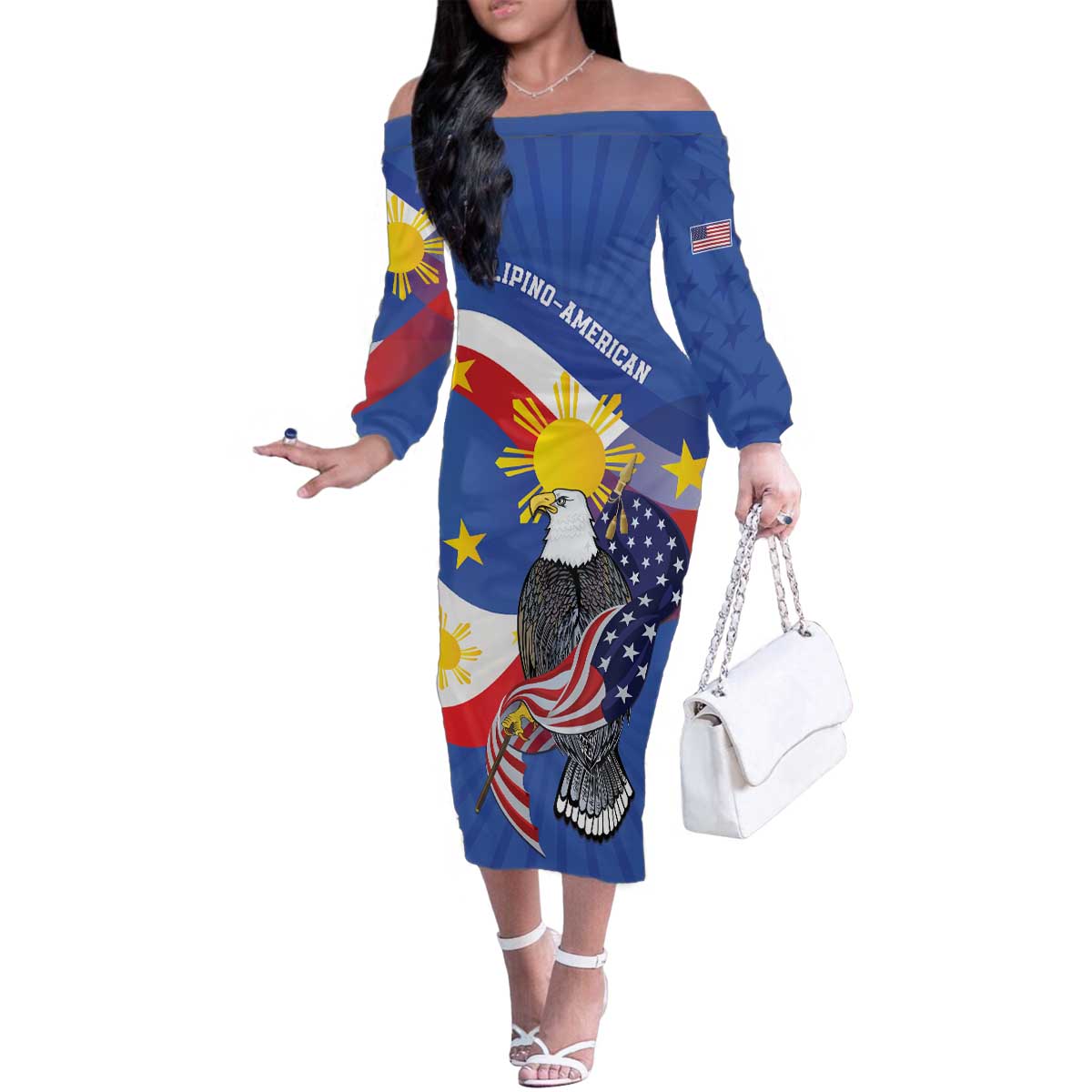 Personalized Filipino-American Family Matching Off The Shoulder Long Sleeve Dress and Hawaiian Shirt Philippines Coat Of Arms with Bald Eagle LT9 Mom's Dress White - Polynesian Pride