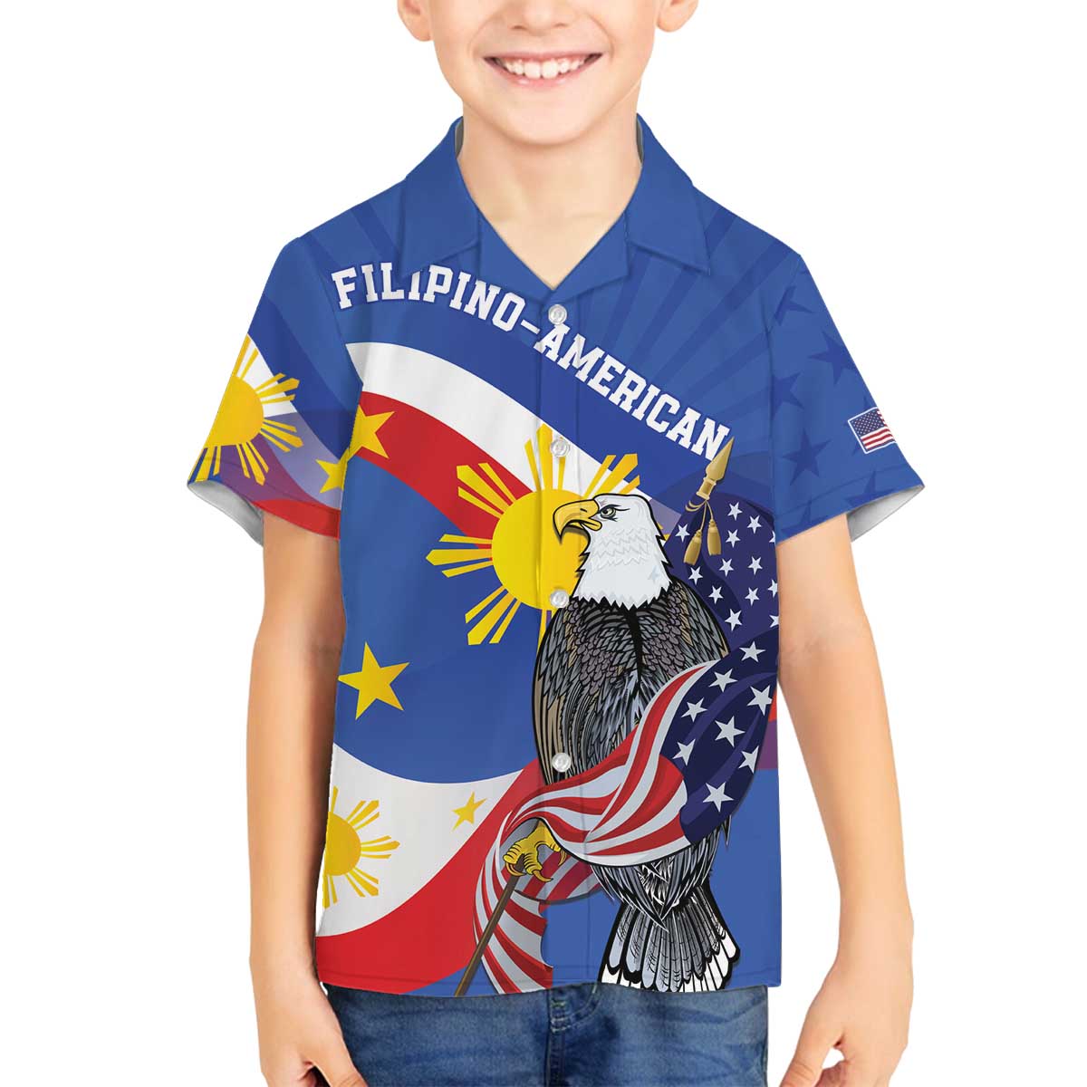 Personalized Filipino-American Family Matching Off The Shoulder Long Sleeve Dress and Hawaiian Shirt Philippines Coat Of Arms with Bald Eagle LT9 Son's Shirt White - Polynesian Pride