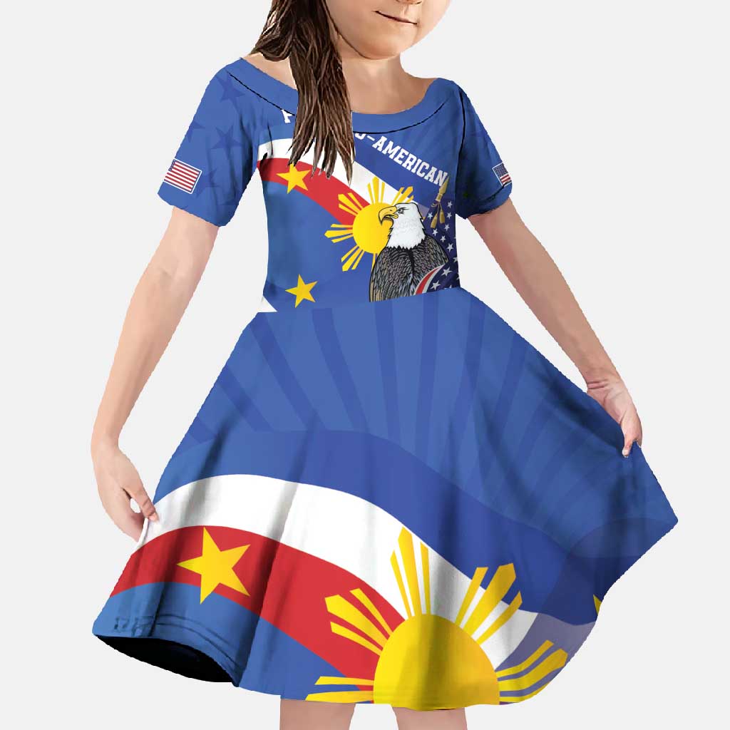 Personalized Filipino-American Family Matching Off Shoulder Maxi Dress and Hawaiian Shirt Philippines Coat Of Arms with Bald Eagle LT9 Daughter's Dress White - Polynesian Pride