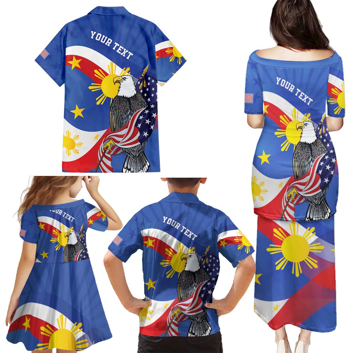 Personalized Filipino-American Family Matching Puletasi and Hawaiian Shirt Philippines Coat Of Arms with Bald Eagle LT9 - Polynesian Pride