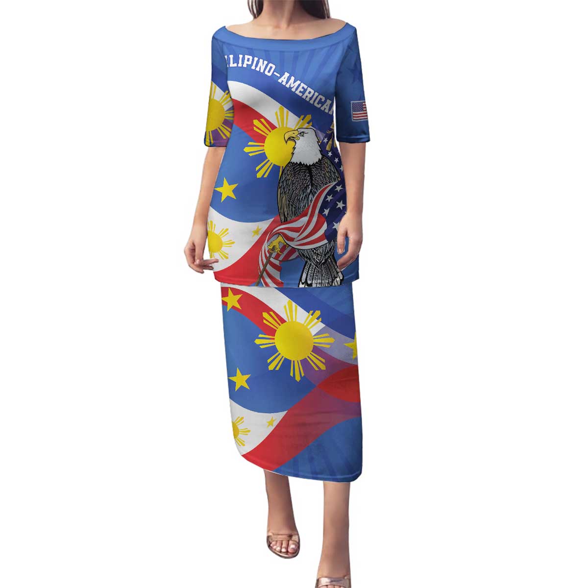 Personalized Filipino-American Family Matching Puletasi and Hawaiian Shirt Philippines Coat Of Arms with Bald Eagle LT9 Mom's Dress White - Polynesian Pride