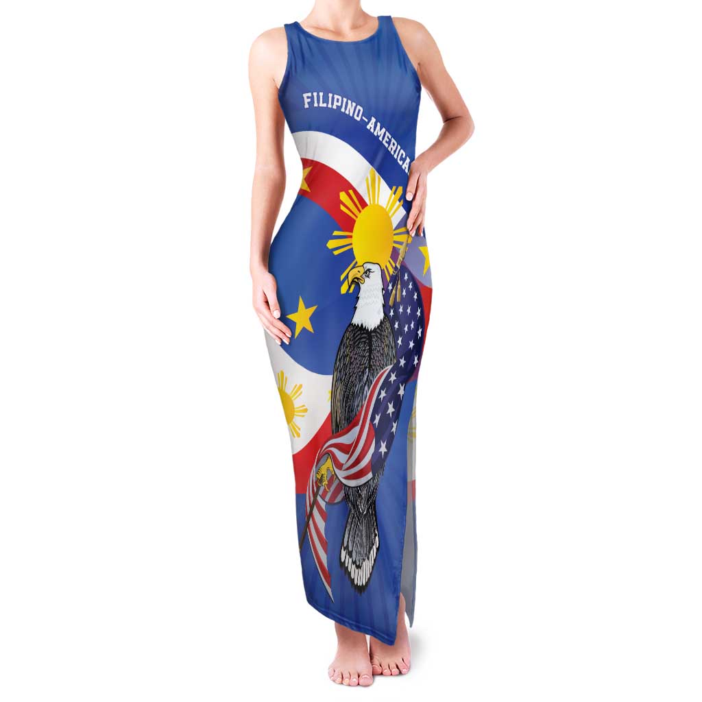 Personalized Filipino-American Family Matching Tank Maxi Dress and Hawaiian Shirt Philippines Coat Of Arms with Bald Eagle LT9 Mom's Dress White - Polynesian Pride