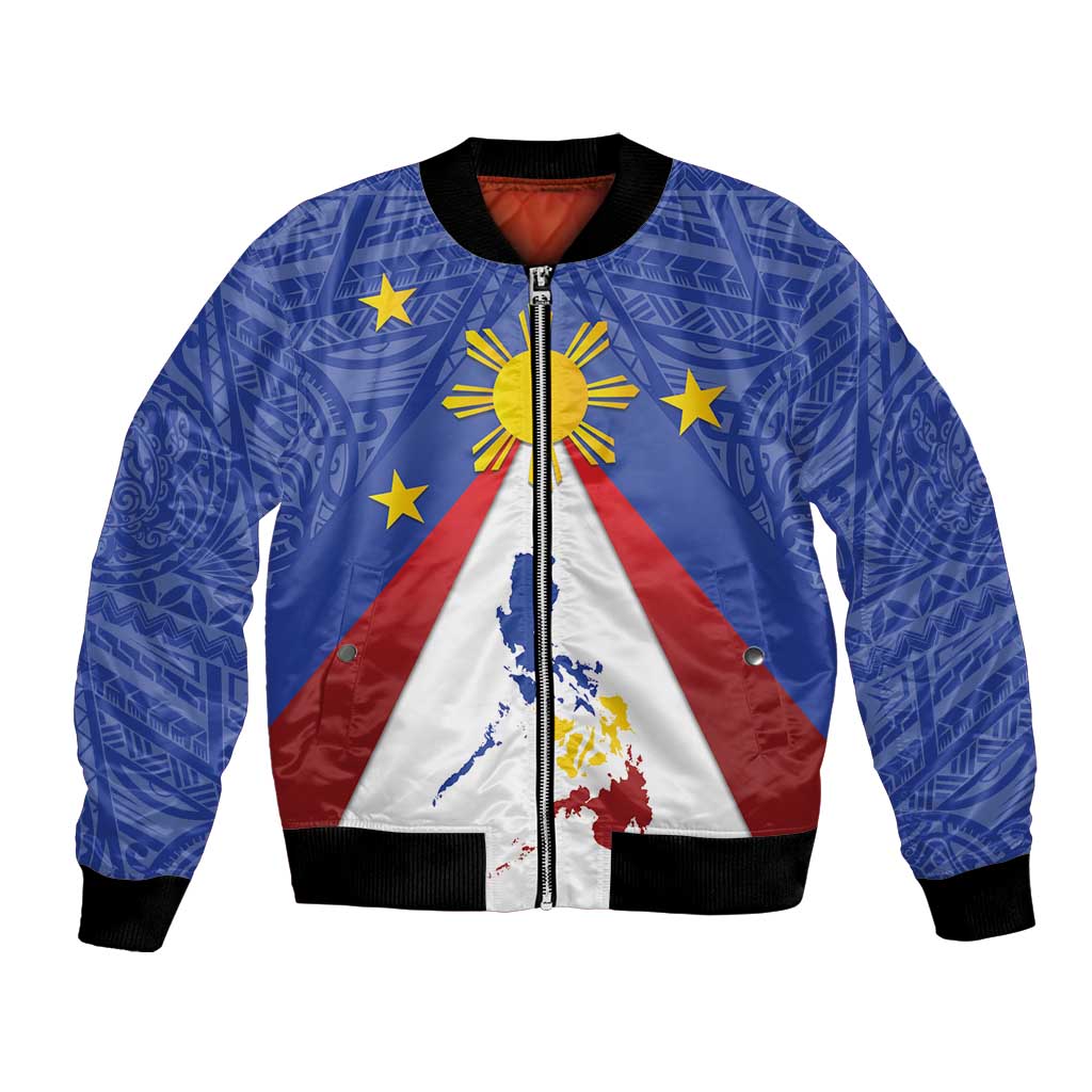 Personalized Pilipinas Eight-Rayed Sun Bomber Jacket Philippines Map With Polynesian Style LT9 Unisex Blue - Polynesian Pride