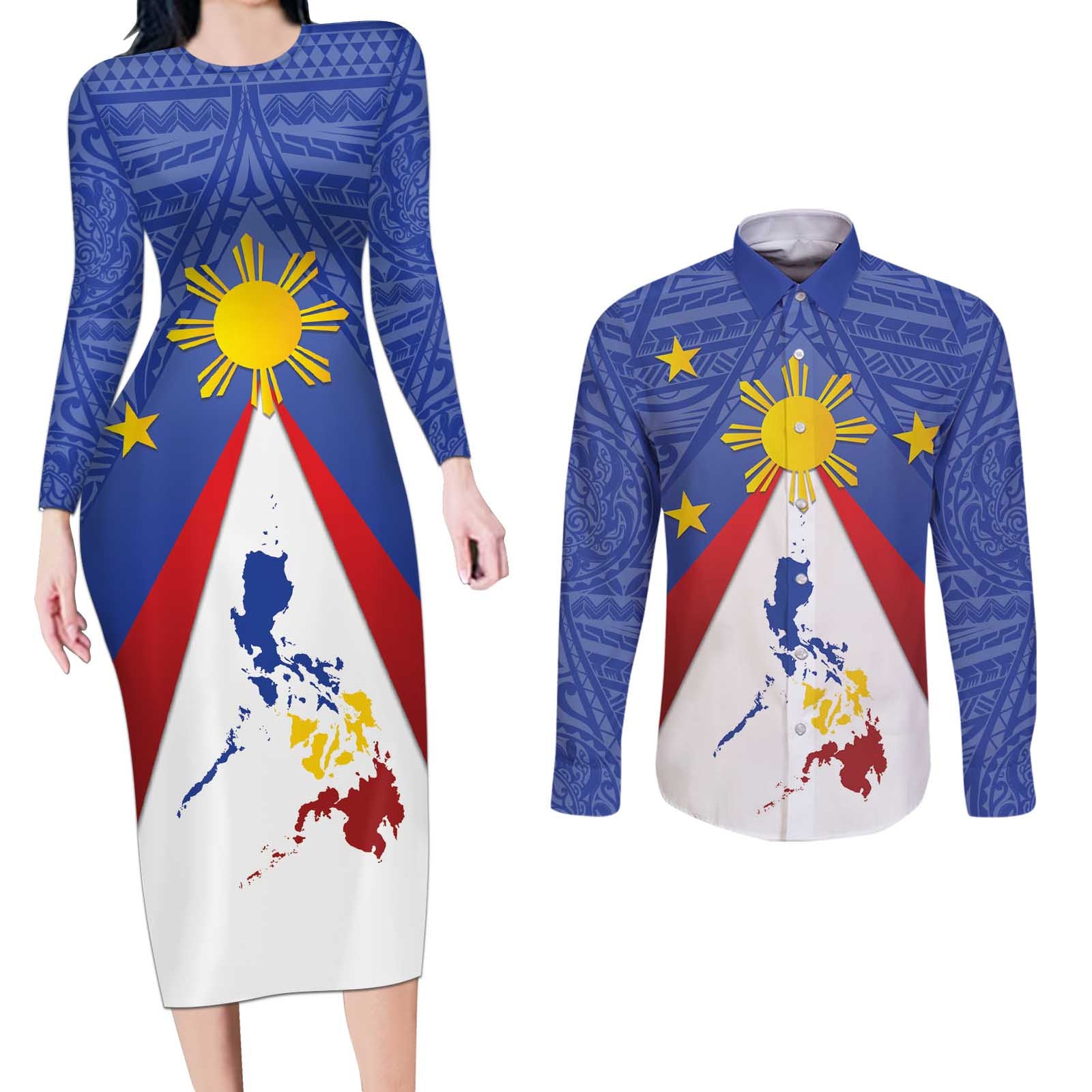 Personalized Pilipinas Eight-Rayed Sun Couples Matching Long Sleeve Bodycon Dress and Long Sleeve Button Shirt Philippines Map With Polynesian Style LT9 Blue - Polynesian Pride