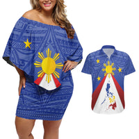 Personalized Pilipinas Eight-Rayed Sun Couples Matching Off Shoulder Short Dress and Hawaiian Shirt Philippines Map With Polynesian Style LT9 Blue - Polynesian Pride