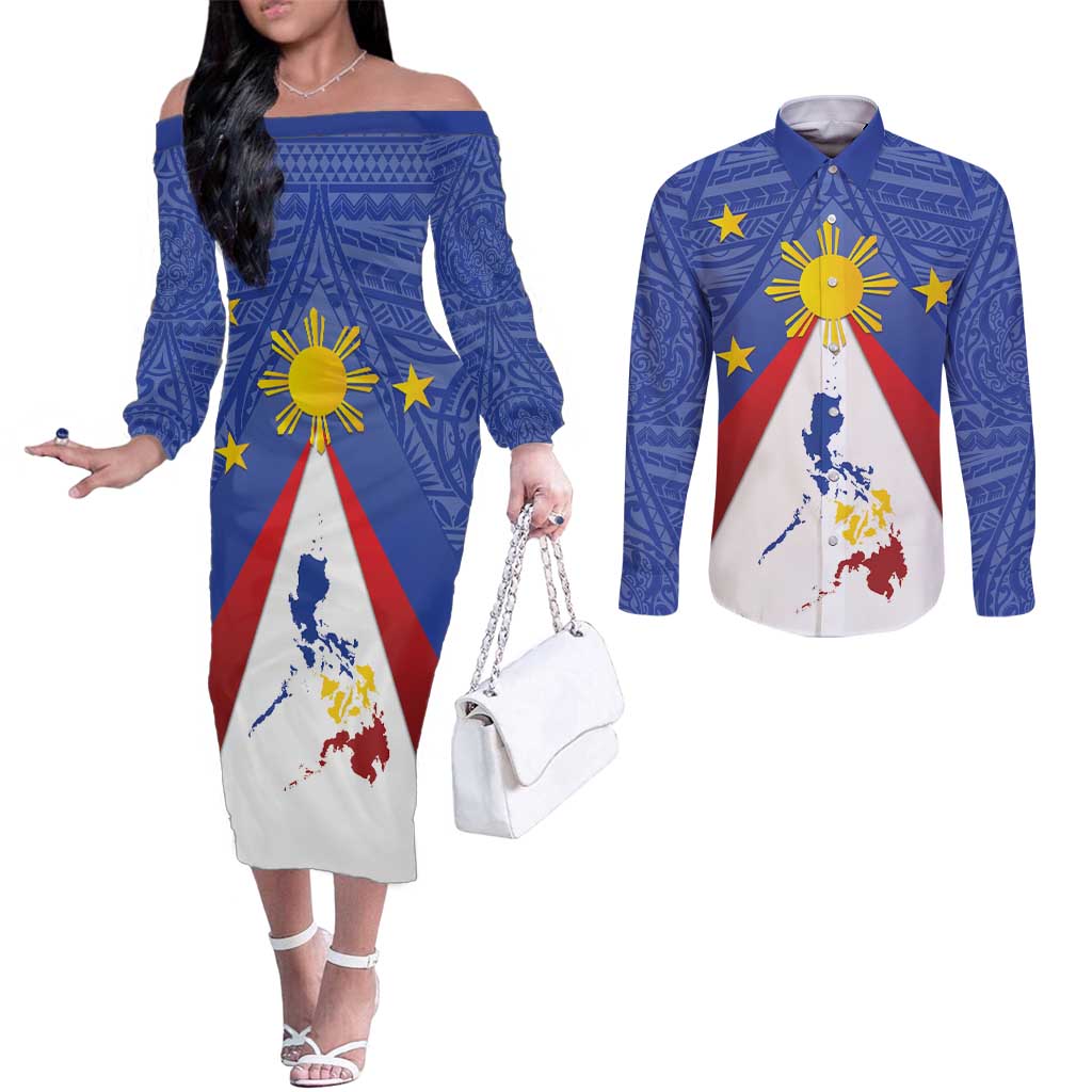 Personalized Pilipinas Eight-Rayed Sun Couples Matching Off The Shoulder Long Sleeve Dress and Long Sleeve Button Shirt Philippines Map With Polynesian Style LT9 Blue - Polynesian Pride