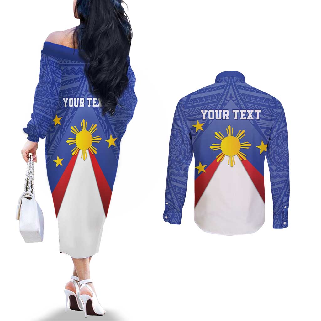 Personalized Pilipinas Eight-Rayed Sun Couples Matching Off The Shoulder Long Sleeve Dress and Long Sleeve Button Shirt Philippines Map With Polynesian Style LT9 - Polynesian Pride