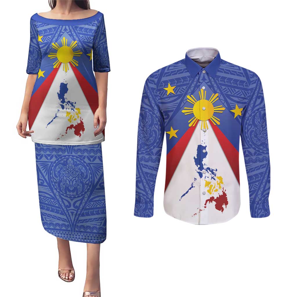Personalized Pilipinas Eight-Rayed Sun Couples Matching Puletasi and Long Sleeve Button Shirt Philippines Map With Polynesian Style LT9 Blue - Polynesian Pride
