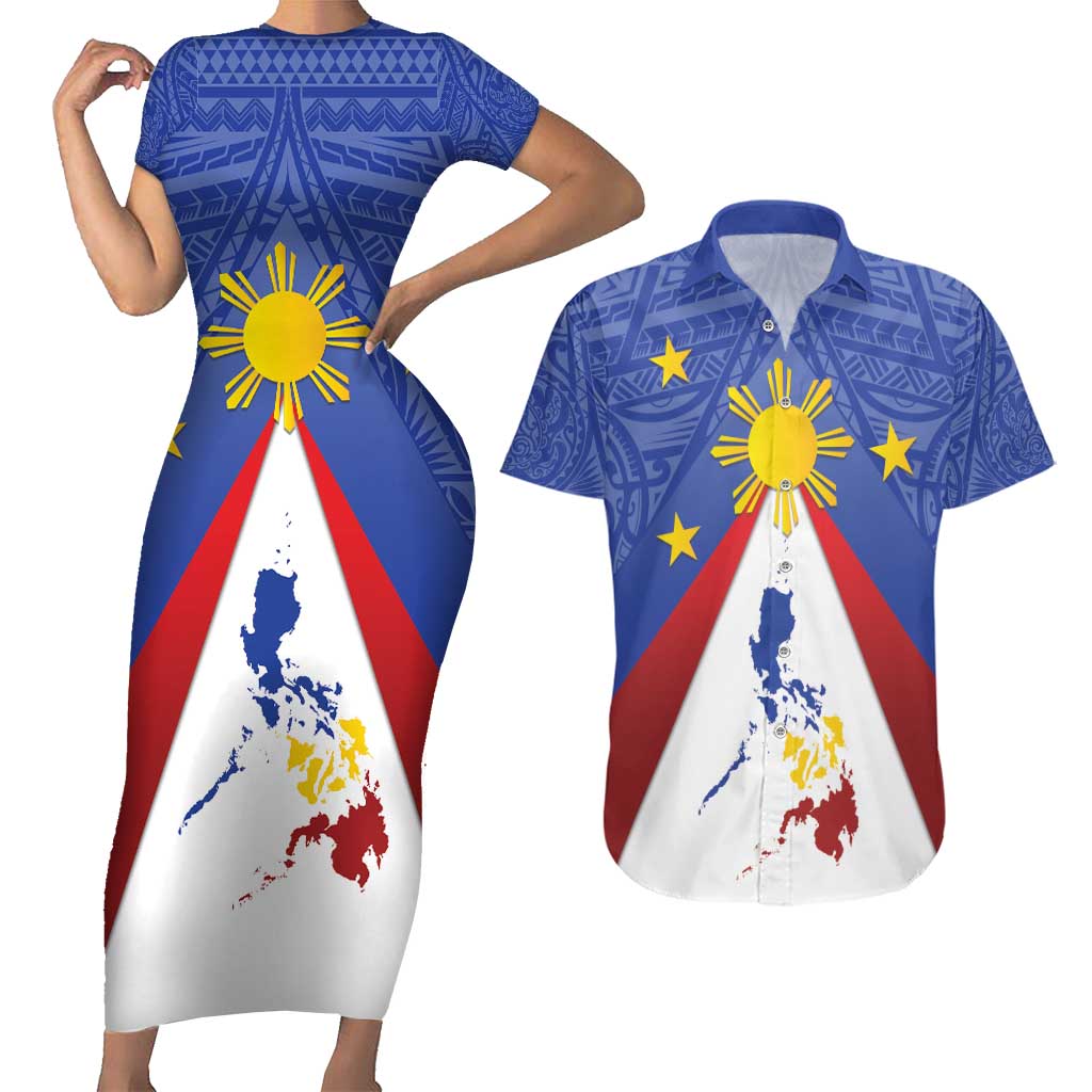 Personalized Pilipinas Eight-Rayed Sun Couples Matching Short Sleeve Bodycon Dress and Hawaiian Shirt Philippines Map With Polynesian Style LT9 Blue - Polynesian Pride