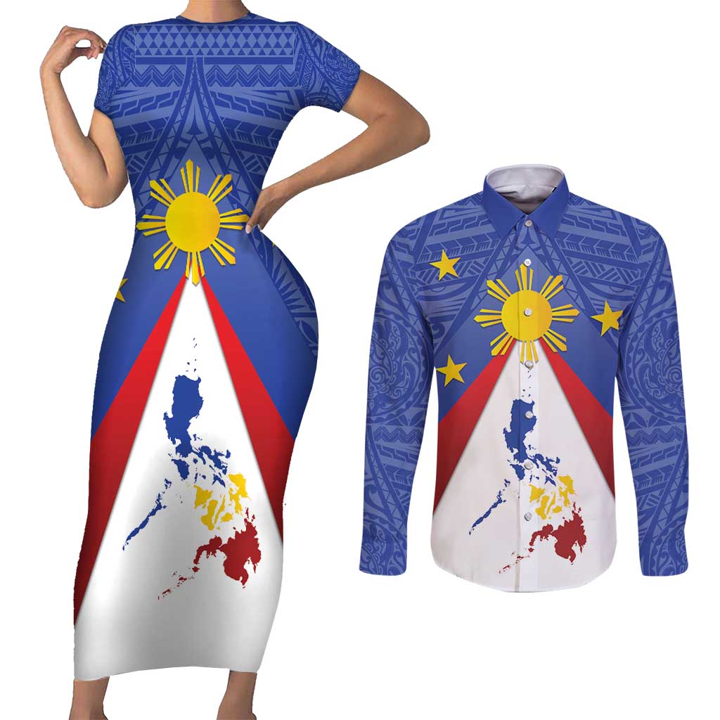 Personalized Pilipinas Eight-Rayed Sun Couples Matching Short Sleeve Bodycon Dress and Long Sleeve Button Shirt Philippines Map With Polynesian Style LT9 Blue - Polynesian Pride