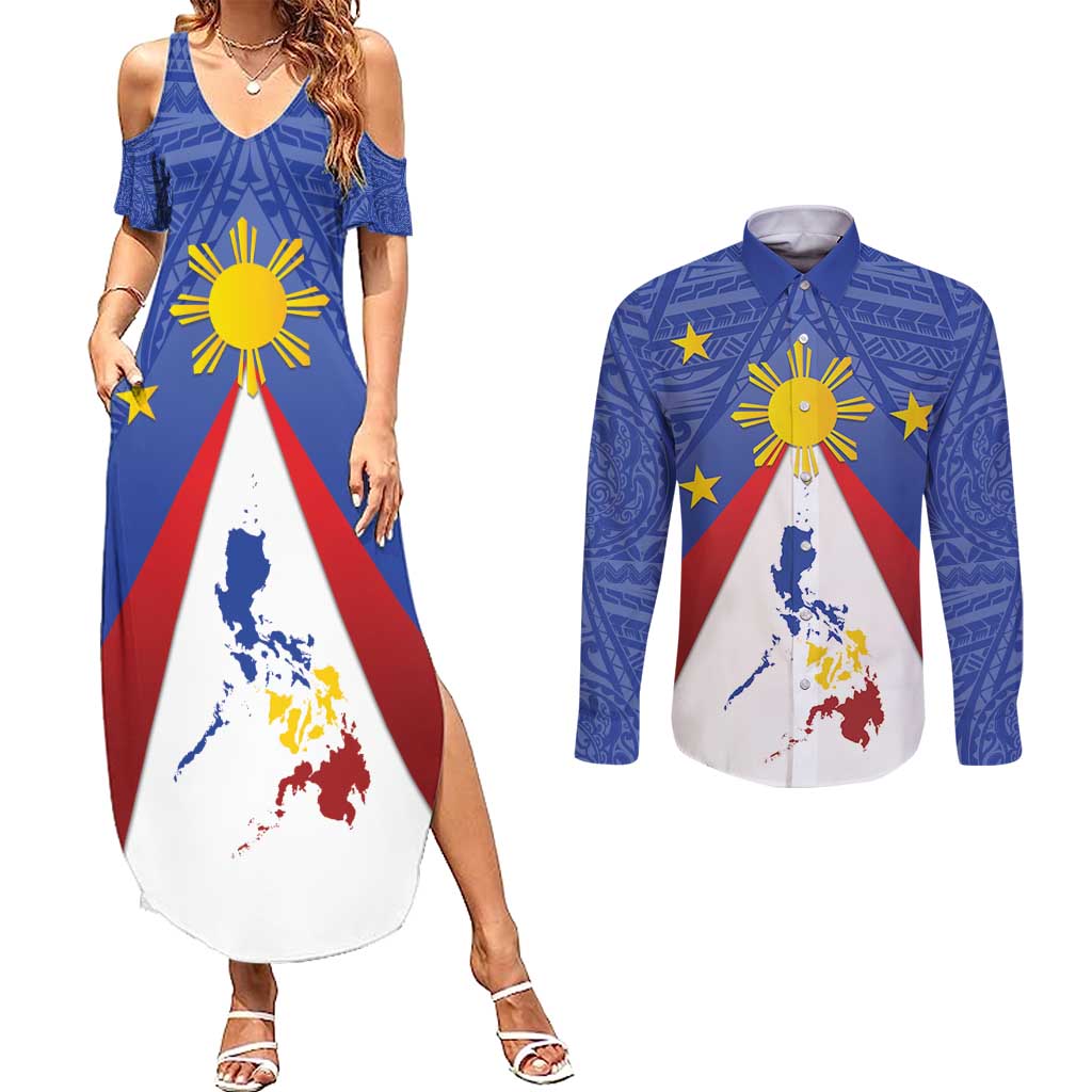 Personalized Pilipinas Eight-Rayed Sun Couples Matching Summer Maxi Dress and Long Sleeve Button Shirt Philippines Map With Polynesian Style LT9 Blue - Polynesian Pride