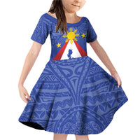 Personalized Pilipinas Eight-Rayed Sun Family Matching Off Shoulder Short Dress and Hawaiian Shirt Philippines Map With Polynesian Style LT9 Daughter's Dress Blue - Polynesian Pride
