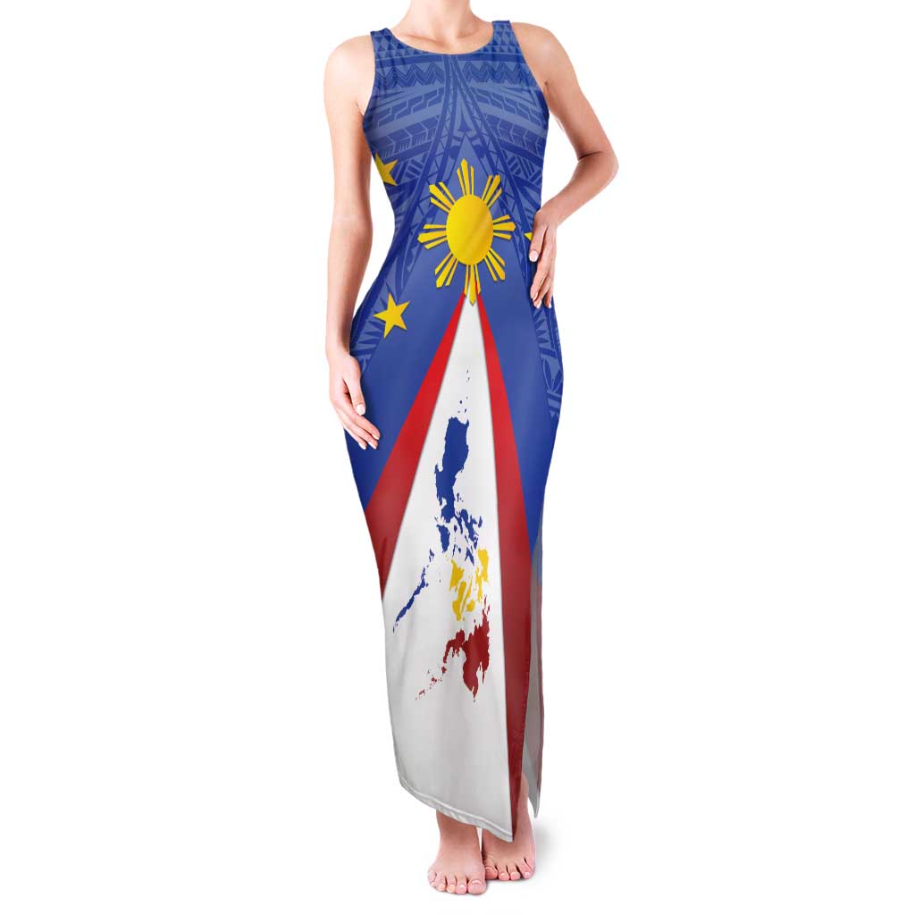 Personalized Pilipinas Eight-Rayed Sun Family Matching Tank Maxi Dress and Hawaiian Shirt Philippines Map With Polynesian Style LT9 Mom's Dress Blue - Polynesian Pride