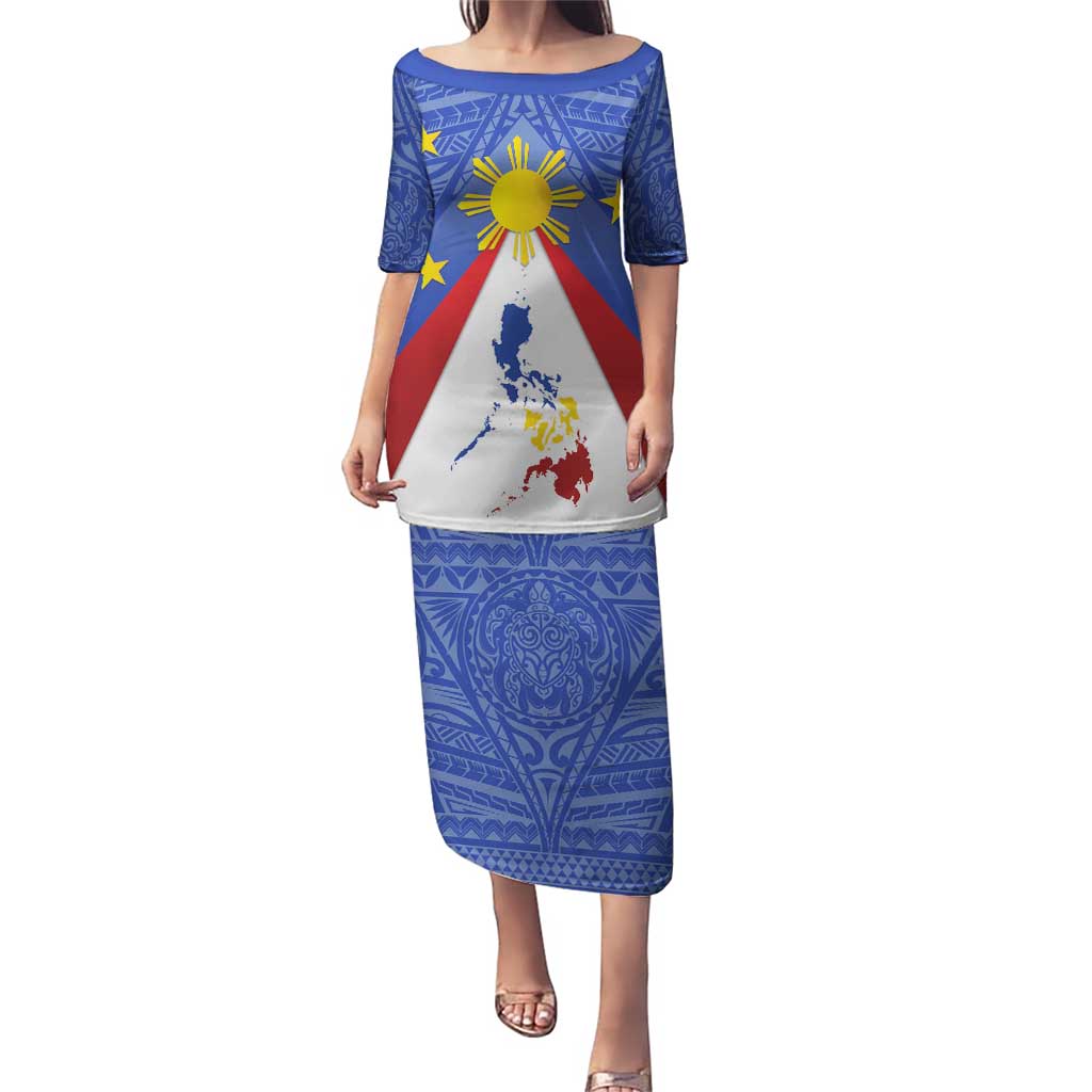 Personalized Pilipinas Eight-Rayed Sun Puletasi Philippines Map With Polynesian Style LT9 Long Dress Blue - Polynesian Pride