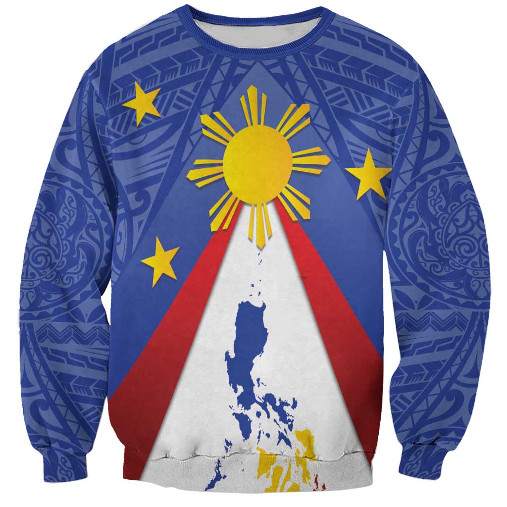 Personalized Pilipinas Eight-Rayed Sun Sweatshirt Philippines Map With Polynesian Style LT9 Unisex Blue - Polynesian Pride