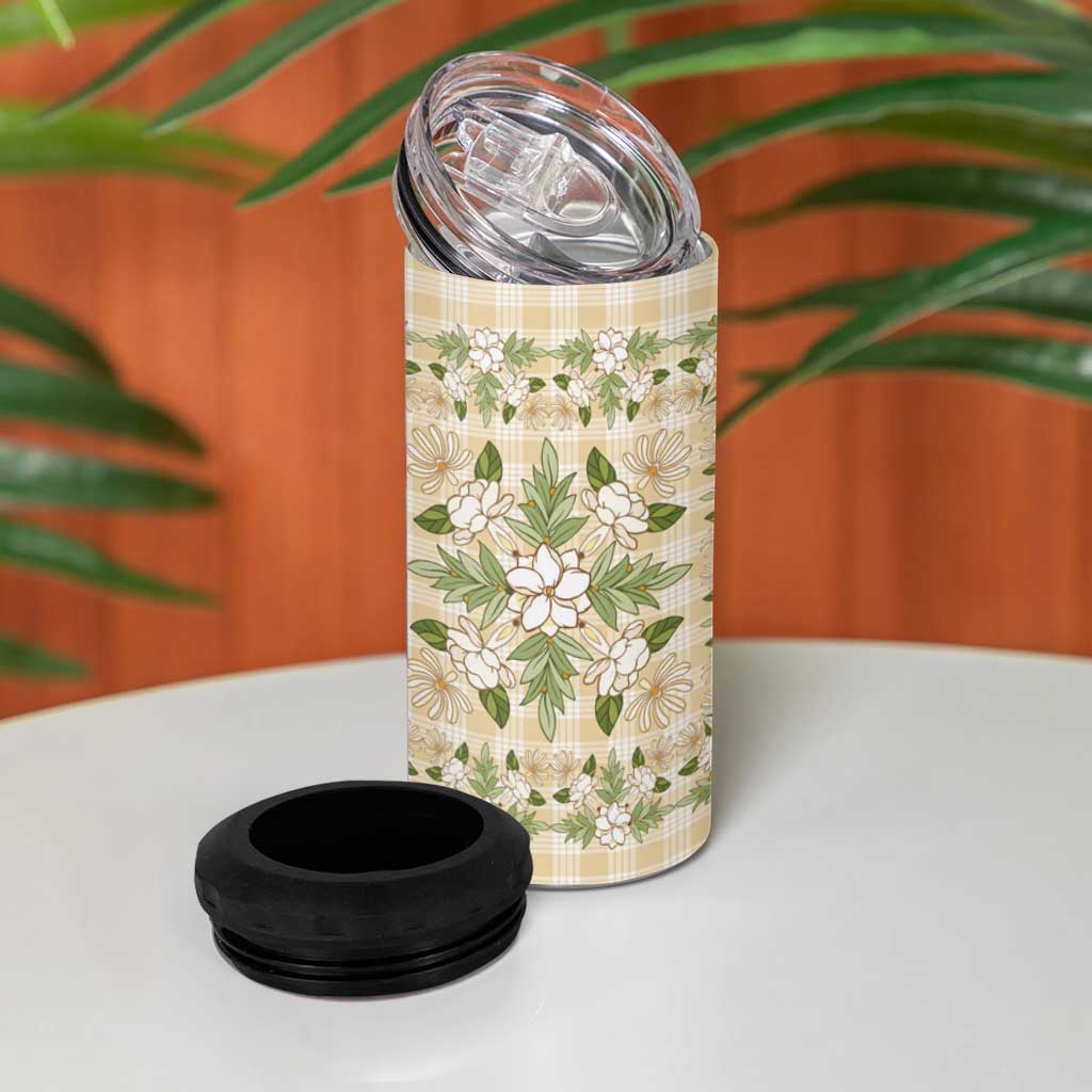 Squares Maile Leaf 4 in 1 Can Cooler Tumbler Beige Palaka Hawaiian Quilt Pattern LT9 - Polynesian Pride