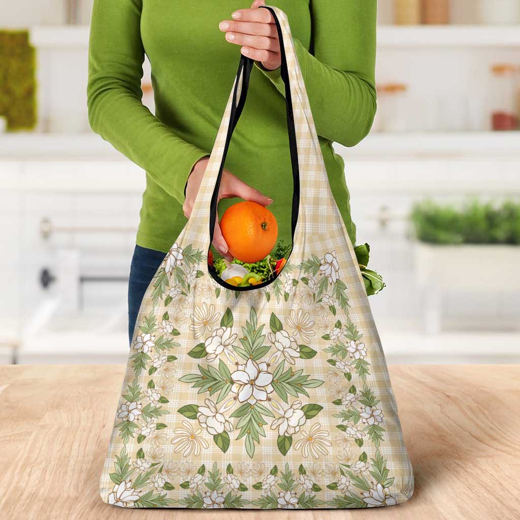 Squares Maile Leaf Grocery Bag Beige Palaka Hawaiian Quilt Pattern - Polynesian Pride