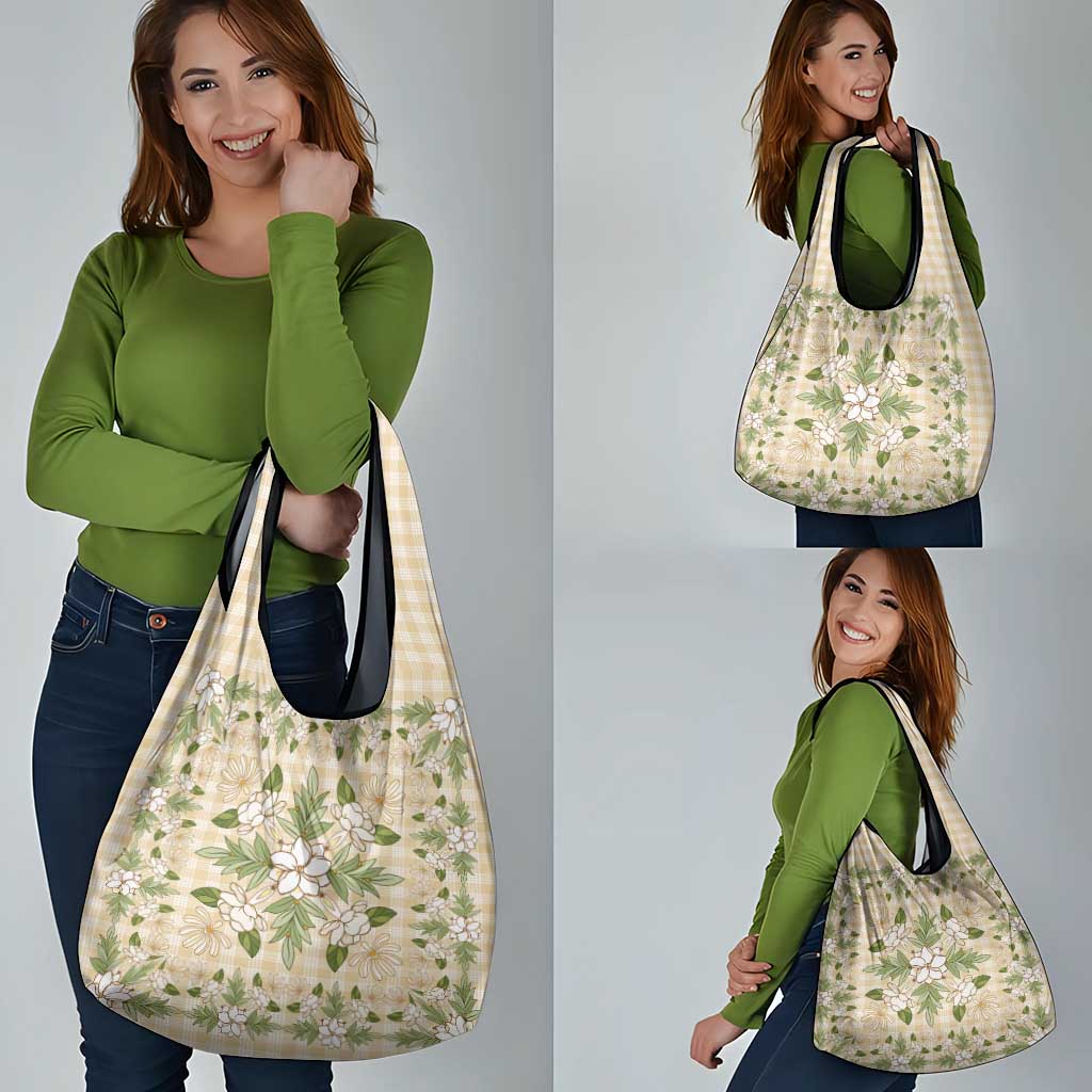 Squares Maile Leaf Grocery Bag Beige Palaka Hawaiian Quilt Pattern - Polynesian Pride