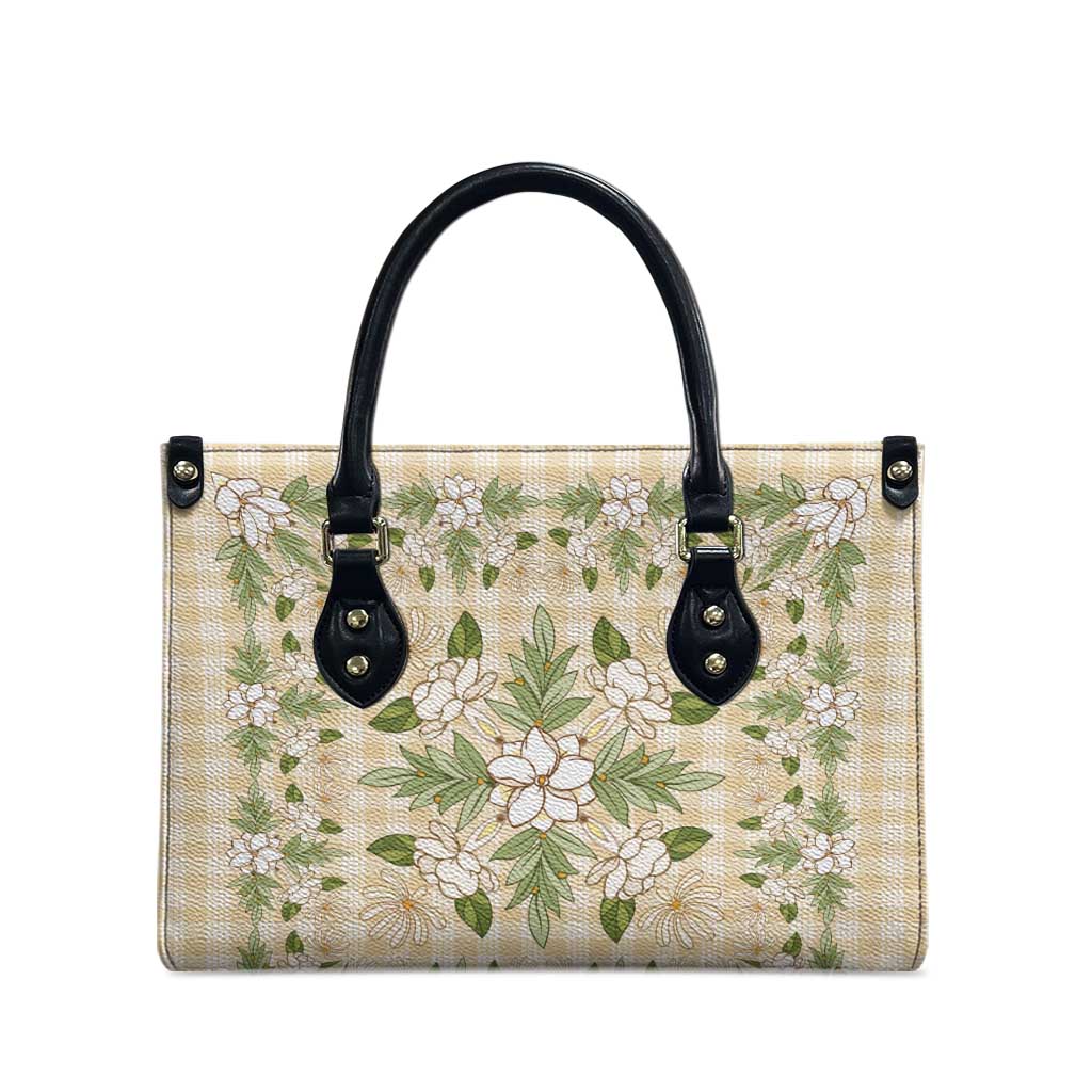Squares Maile Leaf Leather Bag Beige Palaka Hawaiian Quilt Pattern - Polynesian Pride