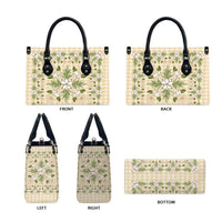 Squares Maile Leaf Leather Bag Beige Palaka Hawaiian Quilt Pattern - Polynesian Pride