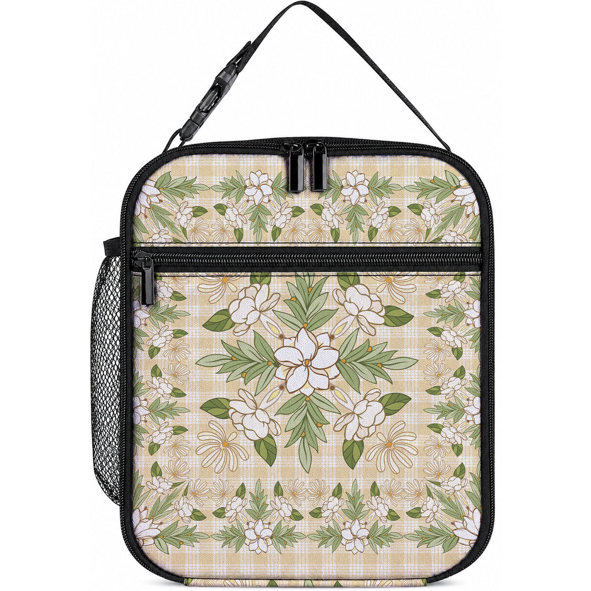 Squares Maile Leaf Lunch Bag Beige Palaka Hawaiian Quilt Pattern LT9 10.2 × 8.3 × 4.3 inch Beige - Polynesian Pride
