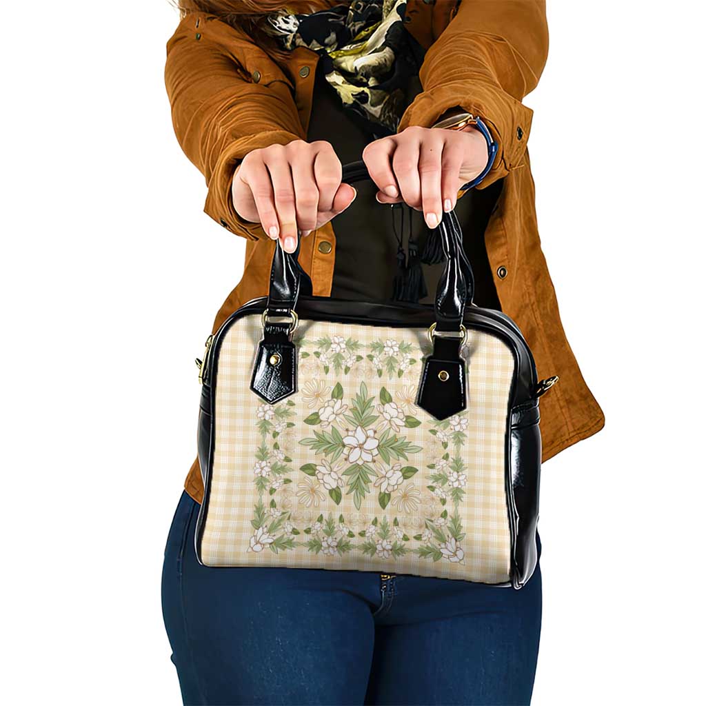 Squares Maile Leaf Shoulder Handbag Beige Palaka Hawaiian Quilt Pattern - Polynesian Pride