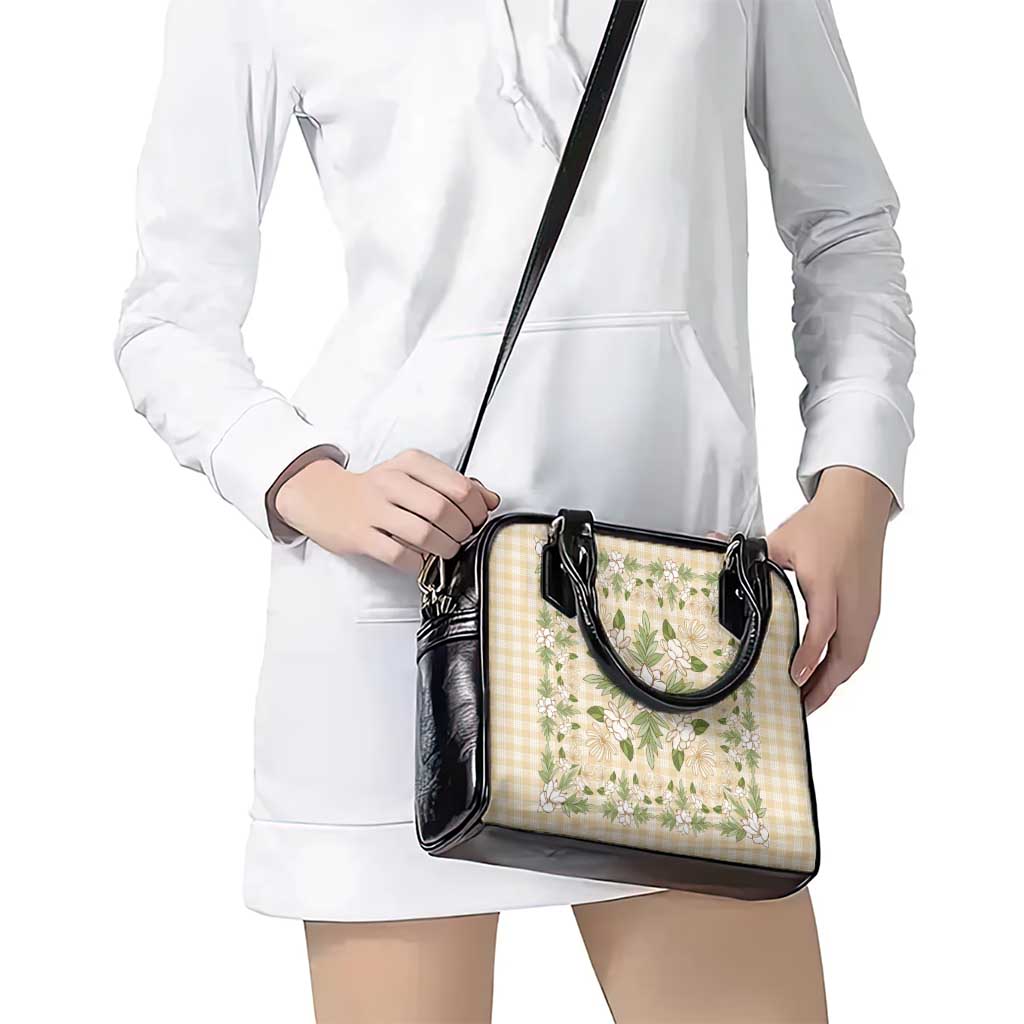Squares Maile Leaf Shoulder Handbag Beige Palaka Hawaiian Quilt Pattern - Polynesian Pride