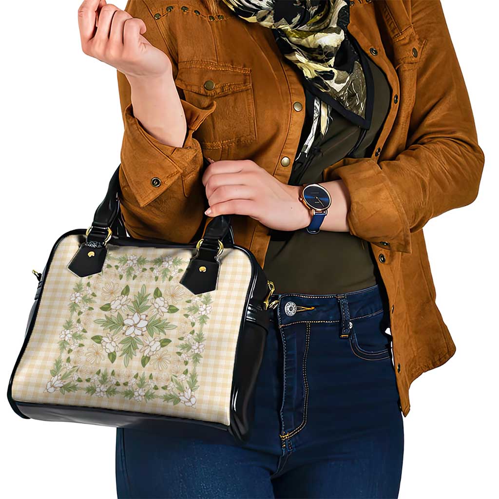 Squares Maile Leaf Shoulder Handbag Beige Palaka Hawaiian Quilt Pattern - Polynesian Pride