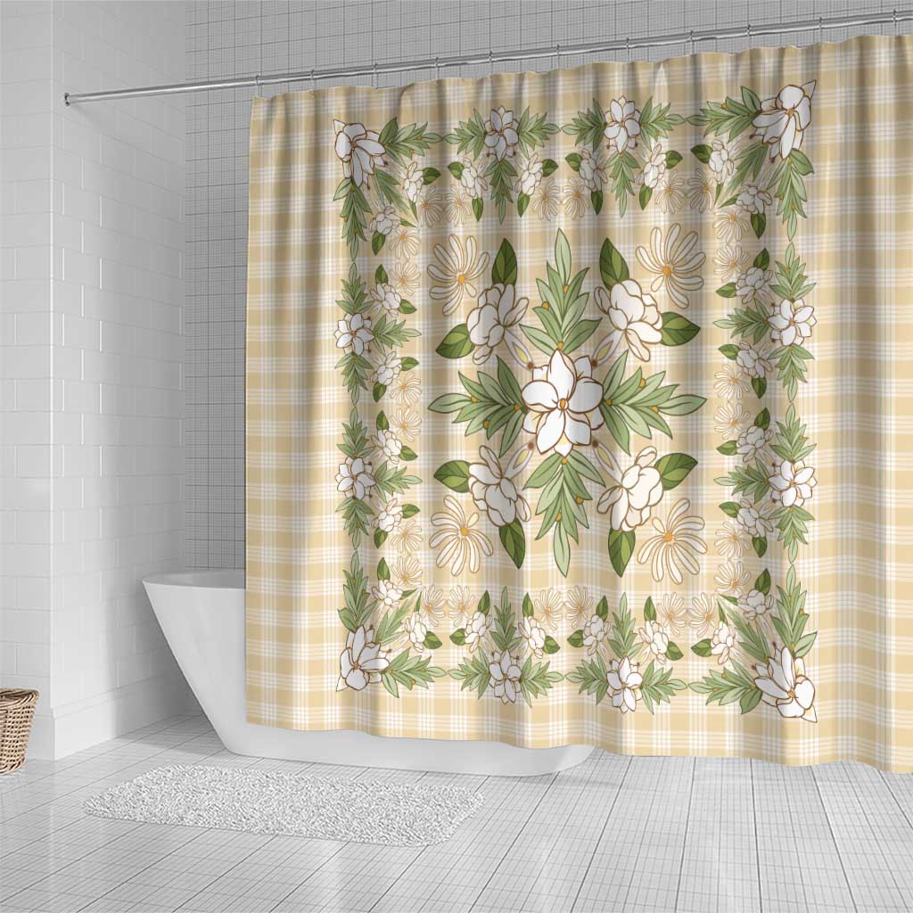 Squares Maile Leaf Shower Curtain Beige Palaka Hawaiian Quilt Pattern - Polynesian Pride