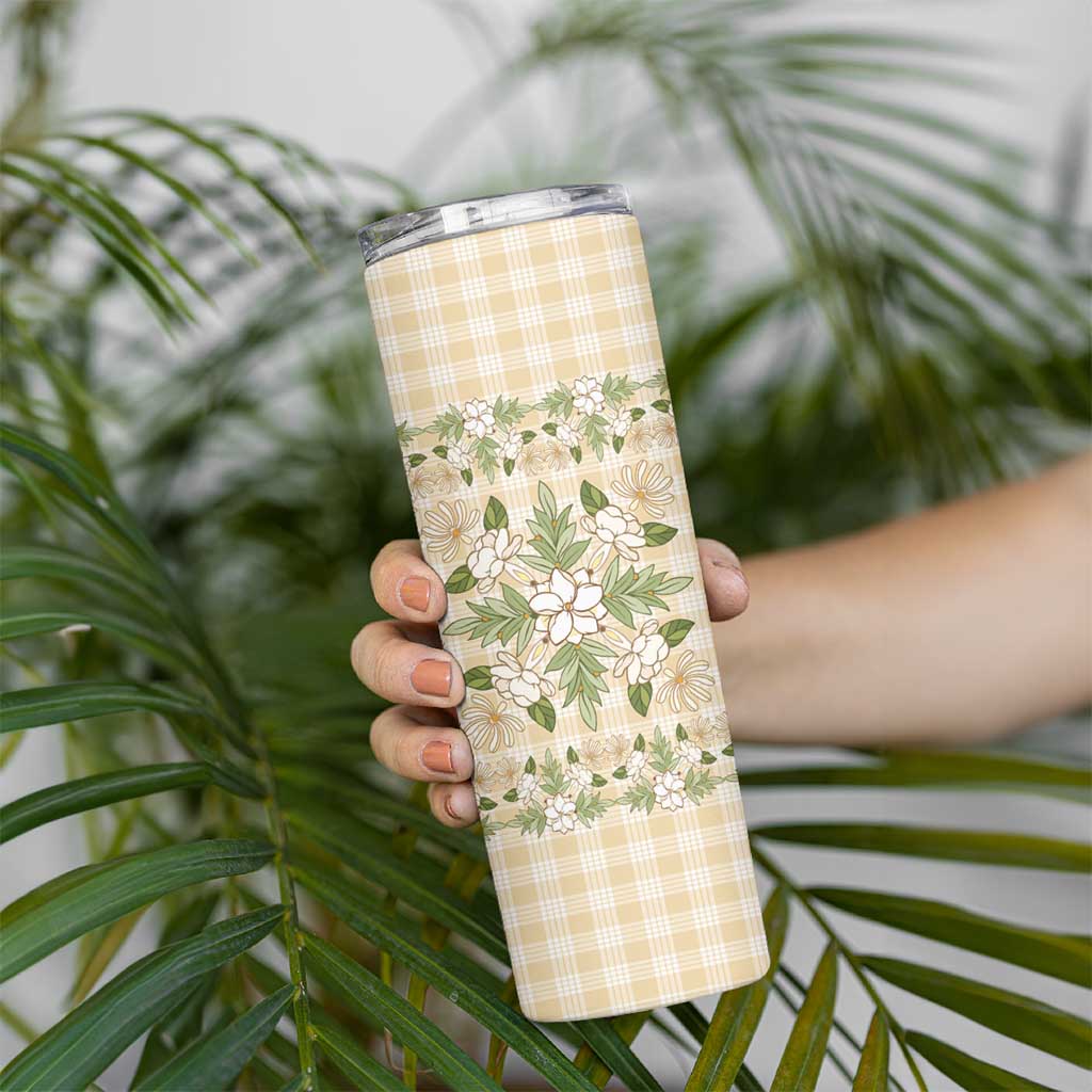 Squares Maile Leaf Skinny Tumbler Beige Palaka Hawaiian Quilt Pattern - Polynesian Pride