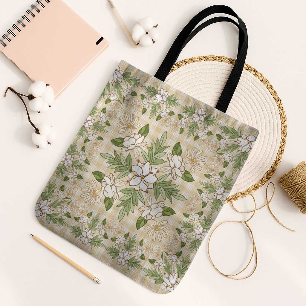 Squares Maile Leaf Tote Bag Beige Palaka Hawaiian Quilt Pattern - Polynesian Pride