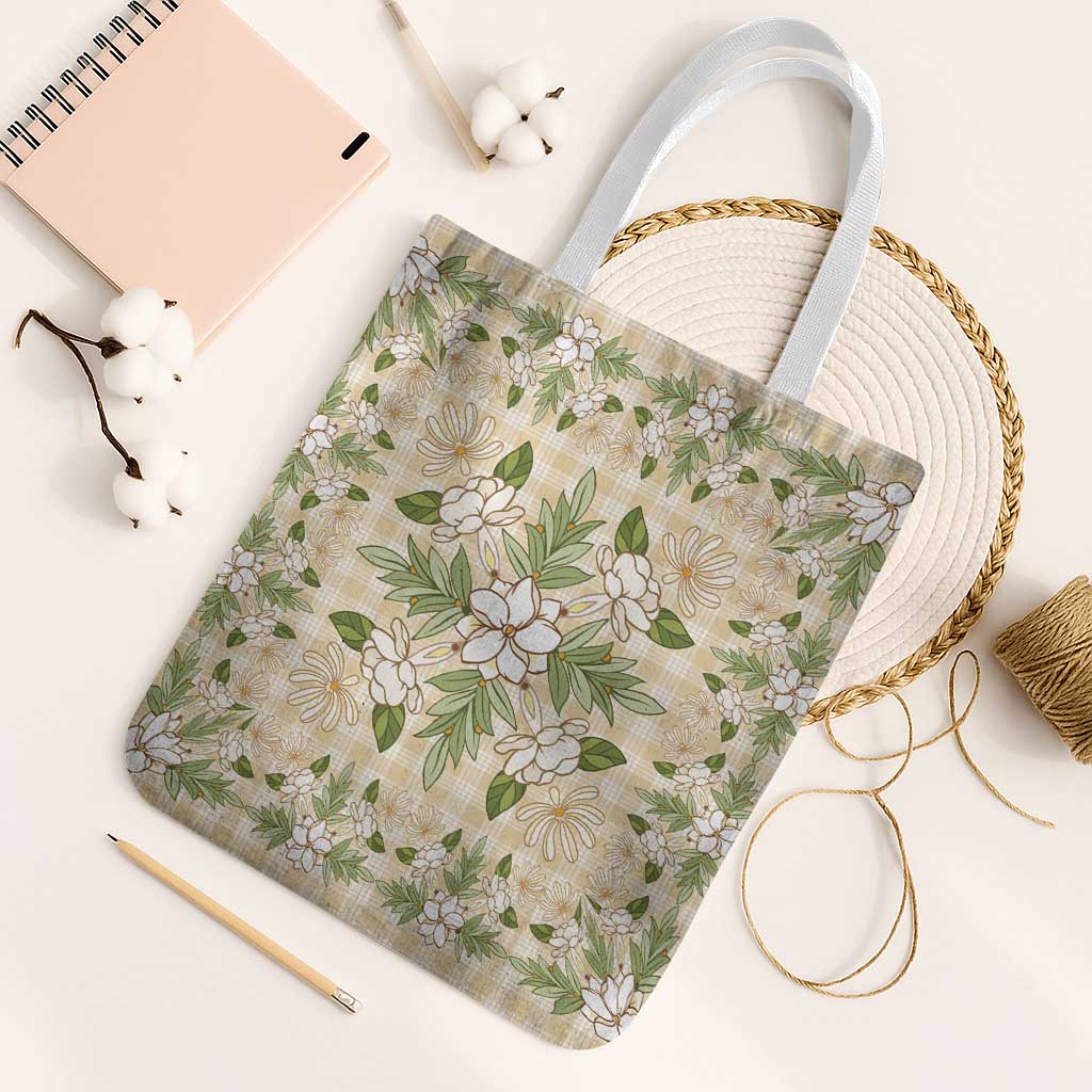 Squares Maile Leaf Tote Bag Beige Palaka Hawaiian Quilt Pattern - Polynesian Pride