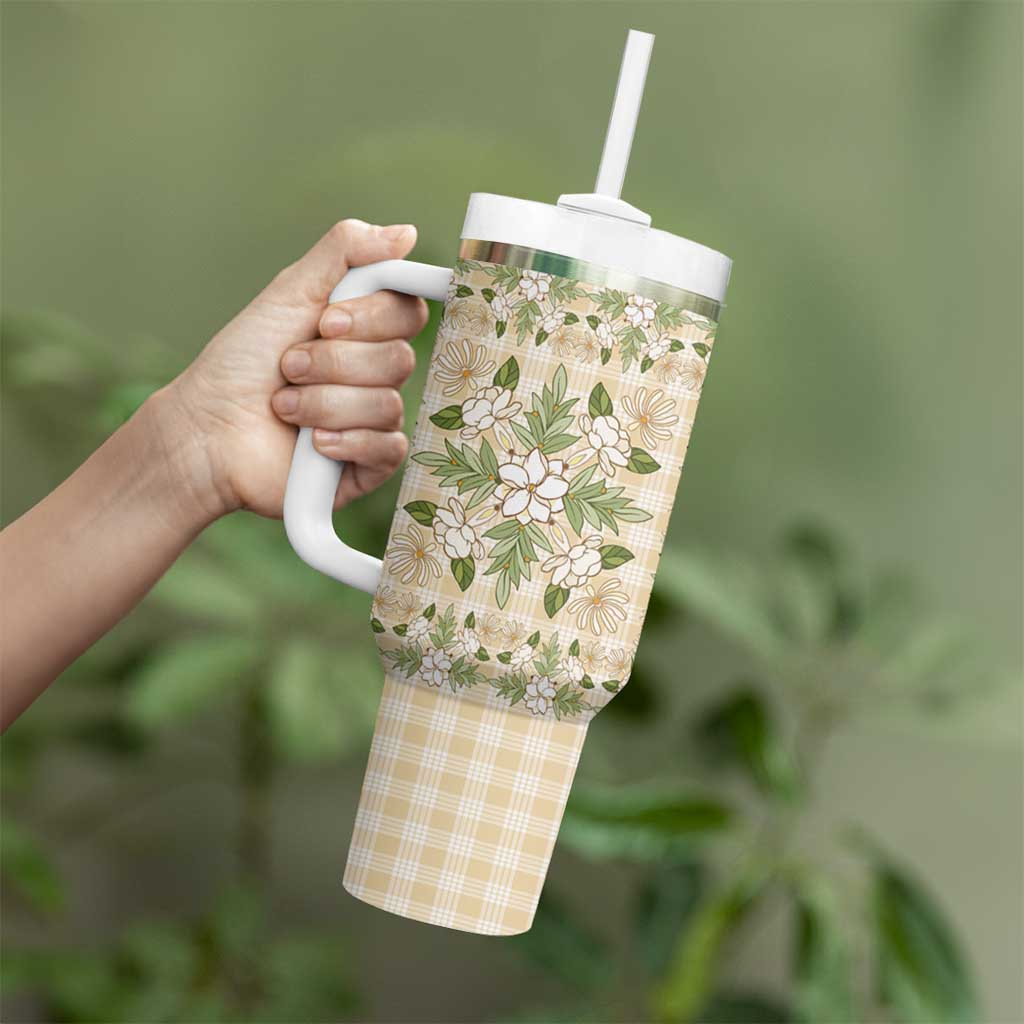 Squares Maile Leaf Tumbler With Handle Beige Palaka Hawaiian Quilt Pattern - Polynesian Pride