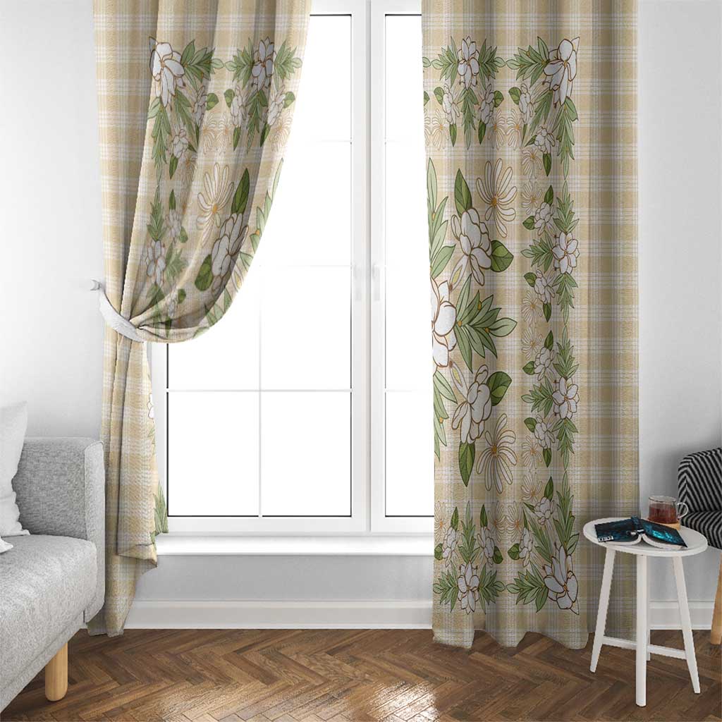 Squares Maile Leaf Window Curtain Beige Palaka Hawaiian Quilt Pattern - Polynesian Pride