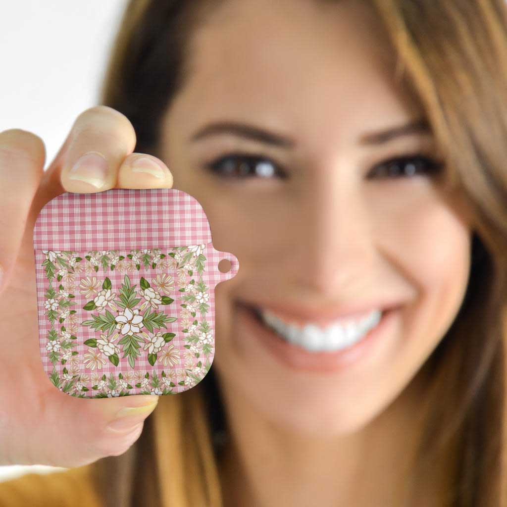 Squares Maile Leaf AirPods Case Pink Palaka Hawaiian Quilt Pattern - Polynesian Pride